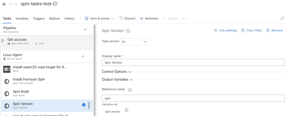 Spin Version Task - Output Variables